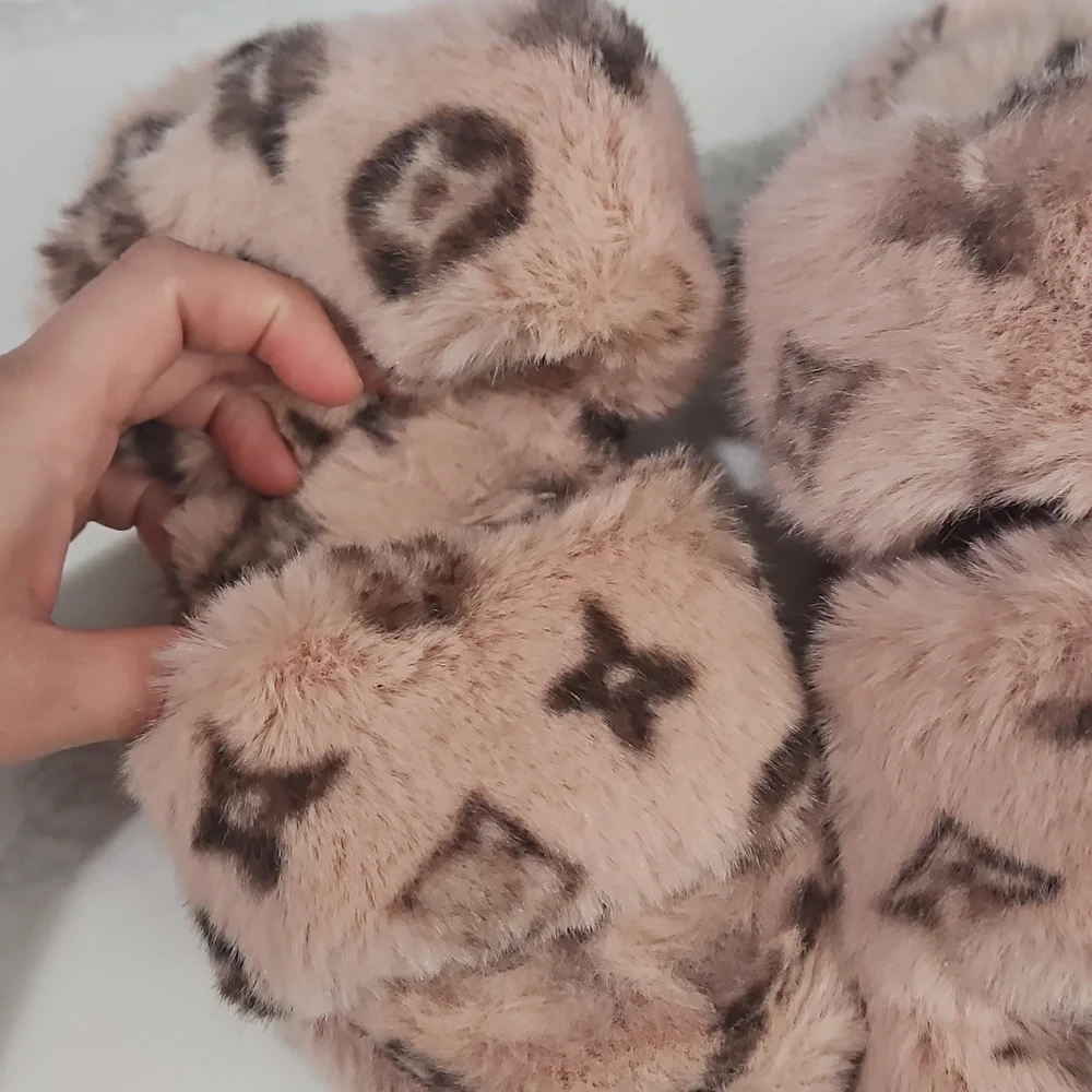 Fuzzy Pink And Brown Monogram Slippers Size 7 - Picture 4 of 6